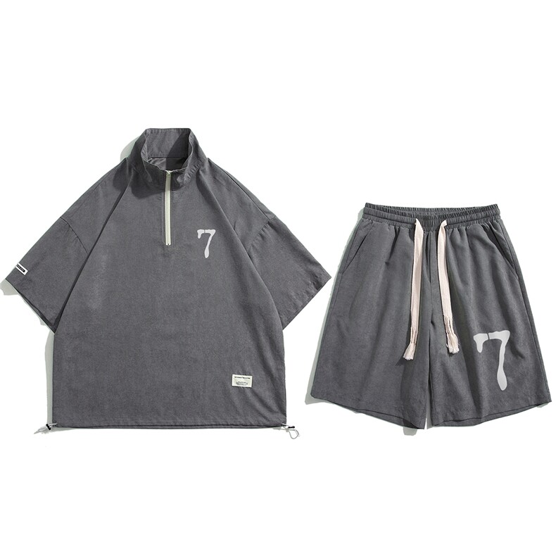 白底23新款夏季时尚百搭半拉链短袖潮流短裤套装TZ758P65控98图片