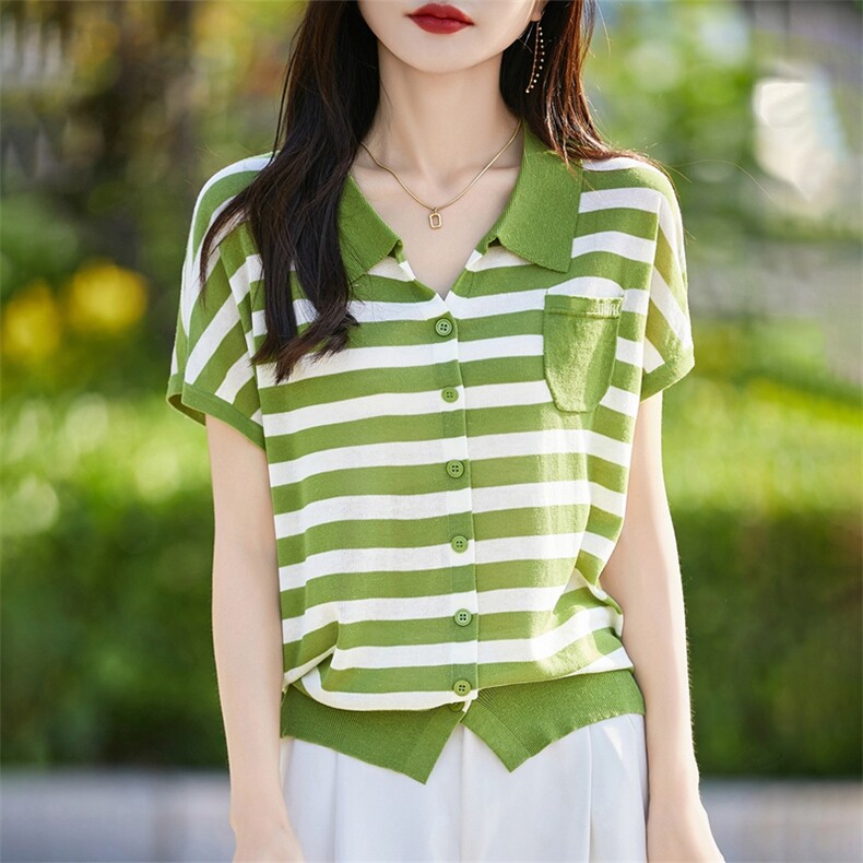 POLO领短袖T女开衫条纹撞色天丝亚麻针织衫宽松新款时尚飞袖上衣,针织衫/毛衣,暖烁羊绒