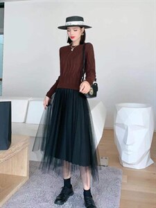 毛衣拼接连衣裙，两色，四个尺码，图片