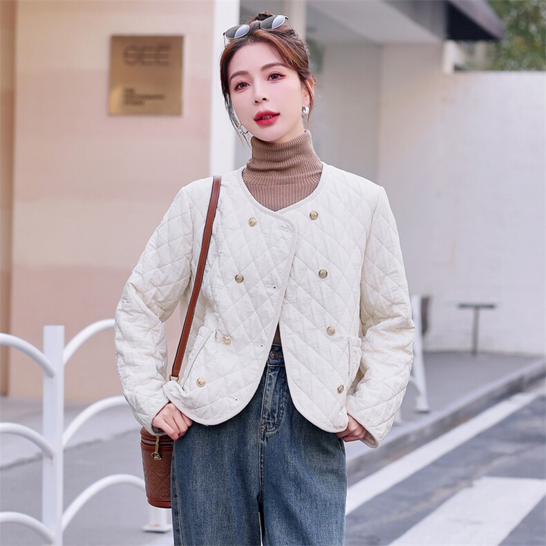 现货-韩系双排扣圆领小香风棉服外套2024冬季新款宽松百搭气质,女装棉衣/棉服,霓裳依族