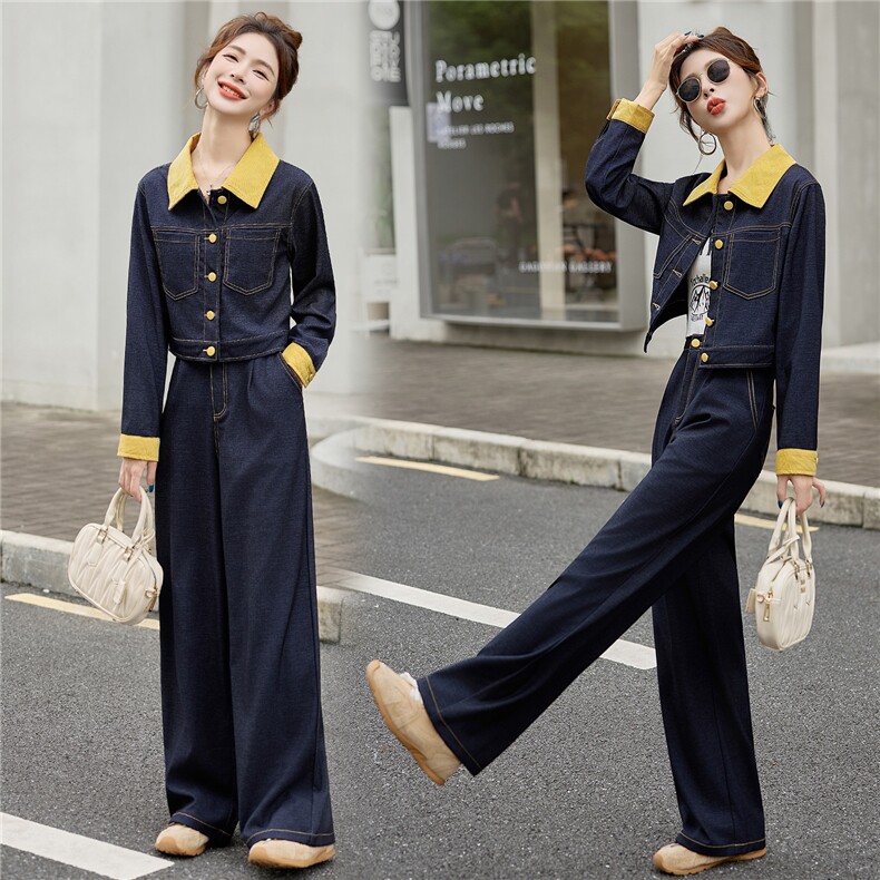 （新款现货）2026春装时尚拼接针织牛仔阔腿裤套装（两件套），女装套装/套裙，印象茜