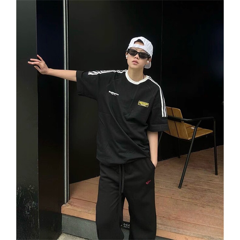 抖音得物供货240克宽松纯棉美式潮牌印花三杠半织带短袖T恤AT1609,男装T恤,电商A443