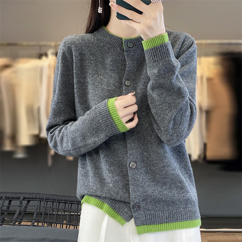 秋冬新款圆领拼色羊毛开衫外套女士洋气休闲宽松外搭针织减龄毛衣图片