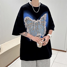 CC342-P50美式高街毛边蝴蝶大流苏贴布T恤控69，男装T恤，星座1611A-1