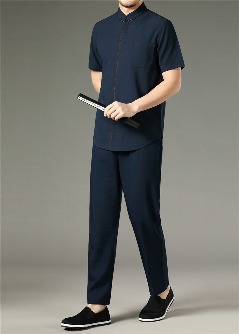 高档男唐装夏装太极服中式刺绣立领短袖上衣风时尚男夏装，男装中老年男装，钱塘723