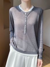 半开领假两件针织衫简约好看百搭套头上衣女，女装针织衫/毛衣，绒宛羊绒