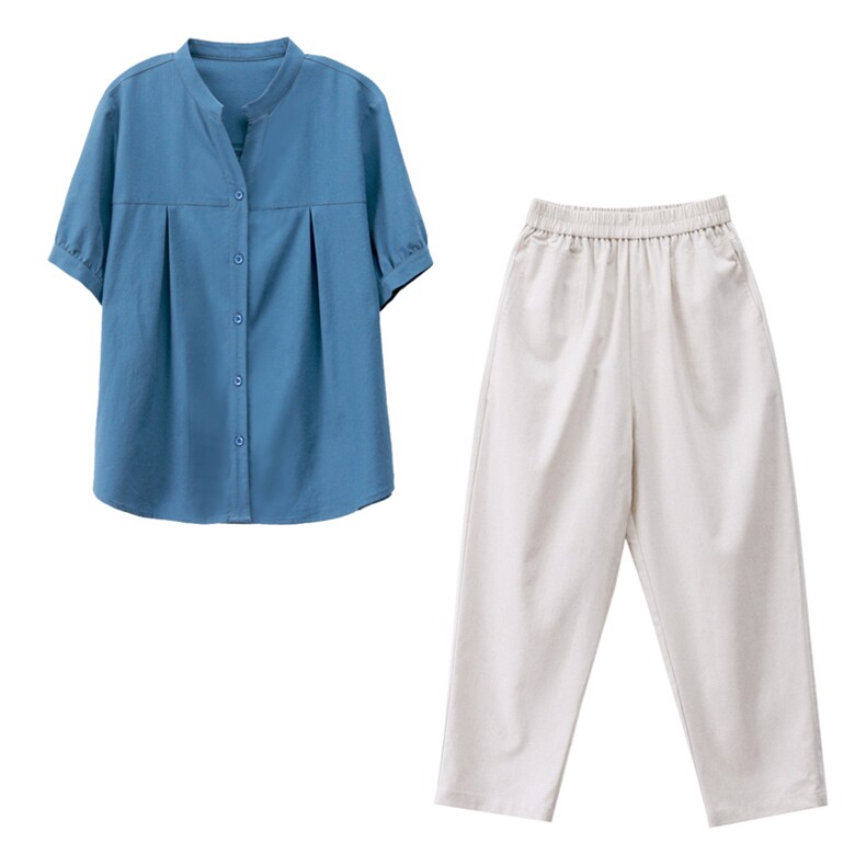 时尚休闲棉麻两件套女夏新款宽松显瘦短袖上衣阔腿裤套装,女装套装/套裙,依恋蒂丝