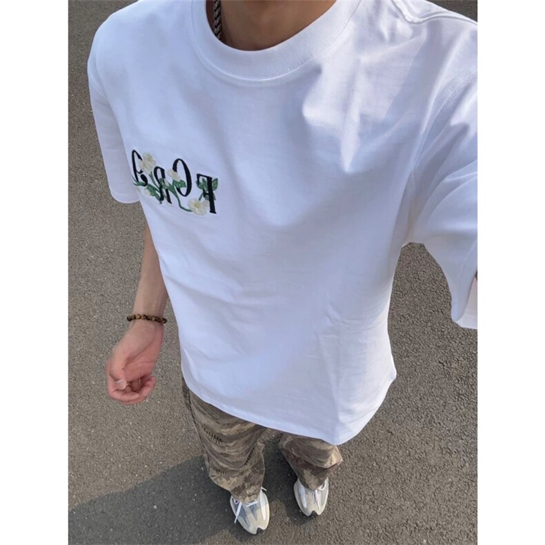 网图有货美式花卉刺绣短袖T恤男女休闲宽松情侣纯棉上衣A671-P35,男装T恤,星座1505