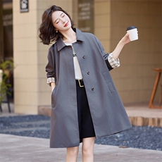 韩系时尚格纹拼接卡其色风衣女2025秋新款翻领中长款宽松休闲外套，女装风衣，微微衣阁