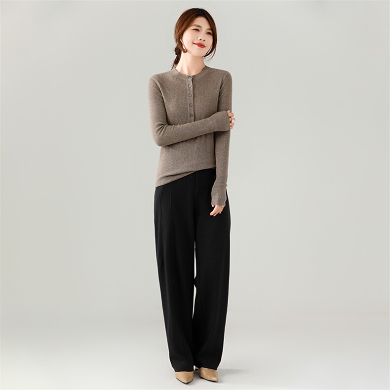 2024秋季新款女士抽条圆领长袖短款套头35%羊绒衫通勤百搭，女装羊绒衫，富泽羊绒