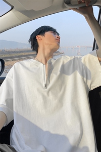 特批P40无差价夏季高克重半拉链复古休闲纯棉宽松短袖T恤男T5136图片