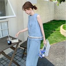 蓝色休闲松弛感套装女2025夏季新款气质时尚亮片背心阔腿裤两件套，女装套装/套裙，2C166