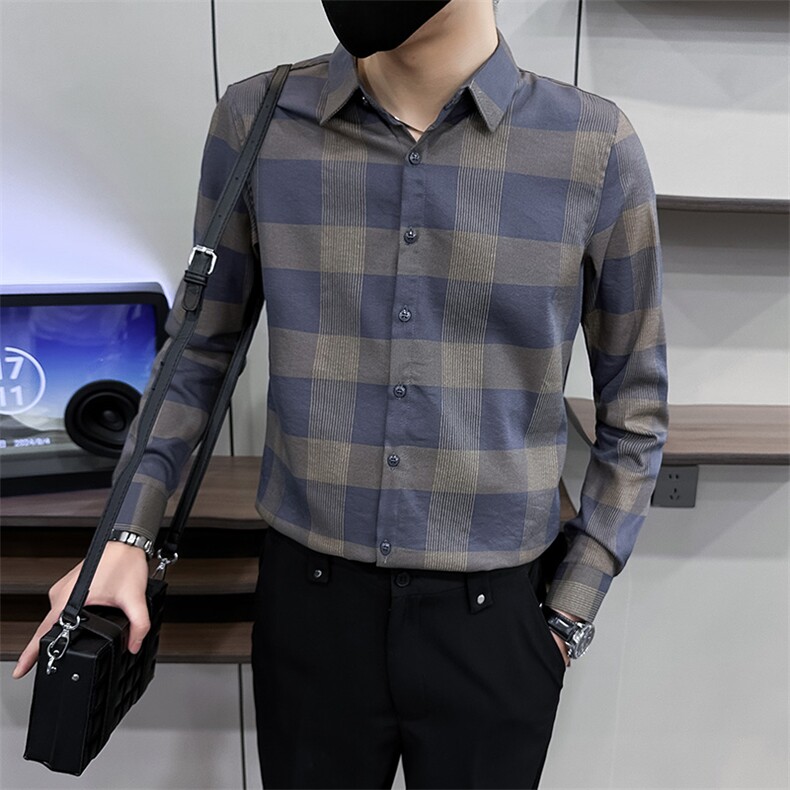 格子衬衫长袖2024春秋季新款上衣高级感痞帅衬衣男A368-CS9923,男装衬衫,电商A368