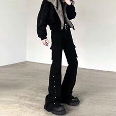 潮流工装复古绑带设计微喇叭机能美式黑色牛仔裤男女高街裤子，男装牛仔裤，星座1210-1