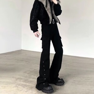潮流工装复古绑带设计微喇叭机能美式黑色牛仔裤男女高街裤子图片