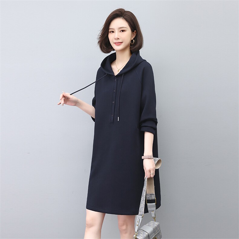 2023春季中长款连帽百搭舒适高雅卫衣裙,女装连衣裙,独衣靓