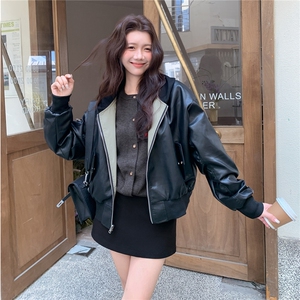 pu皮两面穿连帽皮衣休闲夹克外套女秋季新款2C353+703#P165K248图片