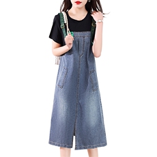 夏装新款2023年夏季休闲韩版背带简约假两件薄料牛仔连衣裙，女装连衣裙，蓝诺裳