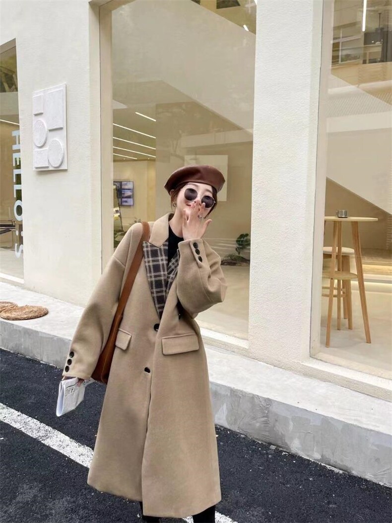 格纹拼接长款毛呢大衣，其它，Balance Studio