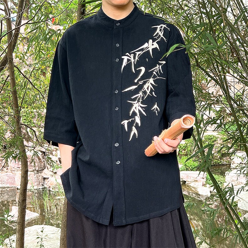 2025夏季新款新中式大码男装现货！中袖衬衫竹叶刺绣盘扣T29-P65,男装衬衫,电商A021