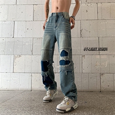 B221美式ins高街暗黑小众撞色破洞直筒牛仔裤LK23109-P65控88，男装牛仔裤，电商B221
