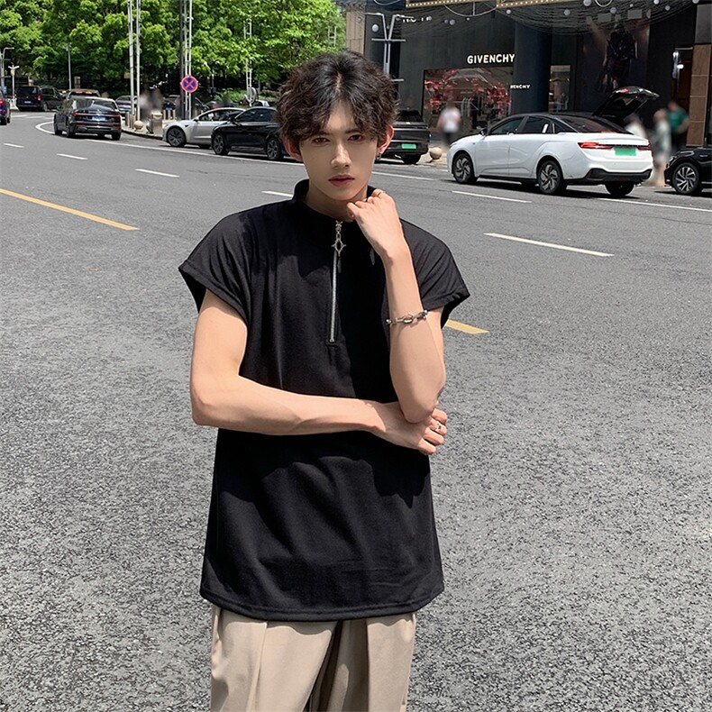 现货夏季薄款宽松宽肩无袖立领运动坎肩背心纯色拉链t恤BX08-P35,男装T恤,星座205-5