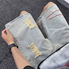 夏季破洞牛仔短裤复古美式高街潮牌绣线五分中裤K760-P38，男装牛仔裤，星座1109-3