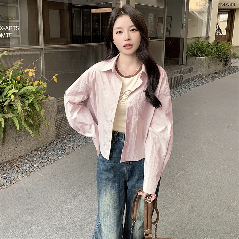 时尚新品短款淡粉色棉衬衫女字母口袋宽松休闲衬衣百搭休闲上衣长,女装衬衫,鑫慧