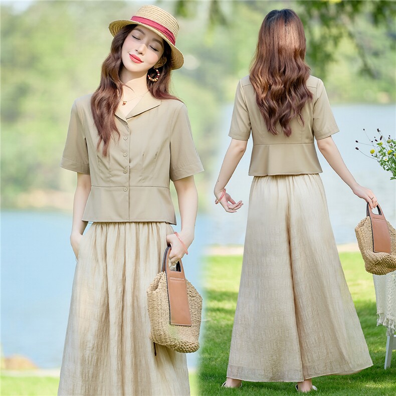 气质优雅纯色短袖收腰小翻领洋气衬衫阔腿裙裤两件套女，女装套装/套裙，水衣源