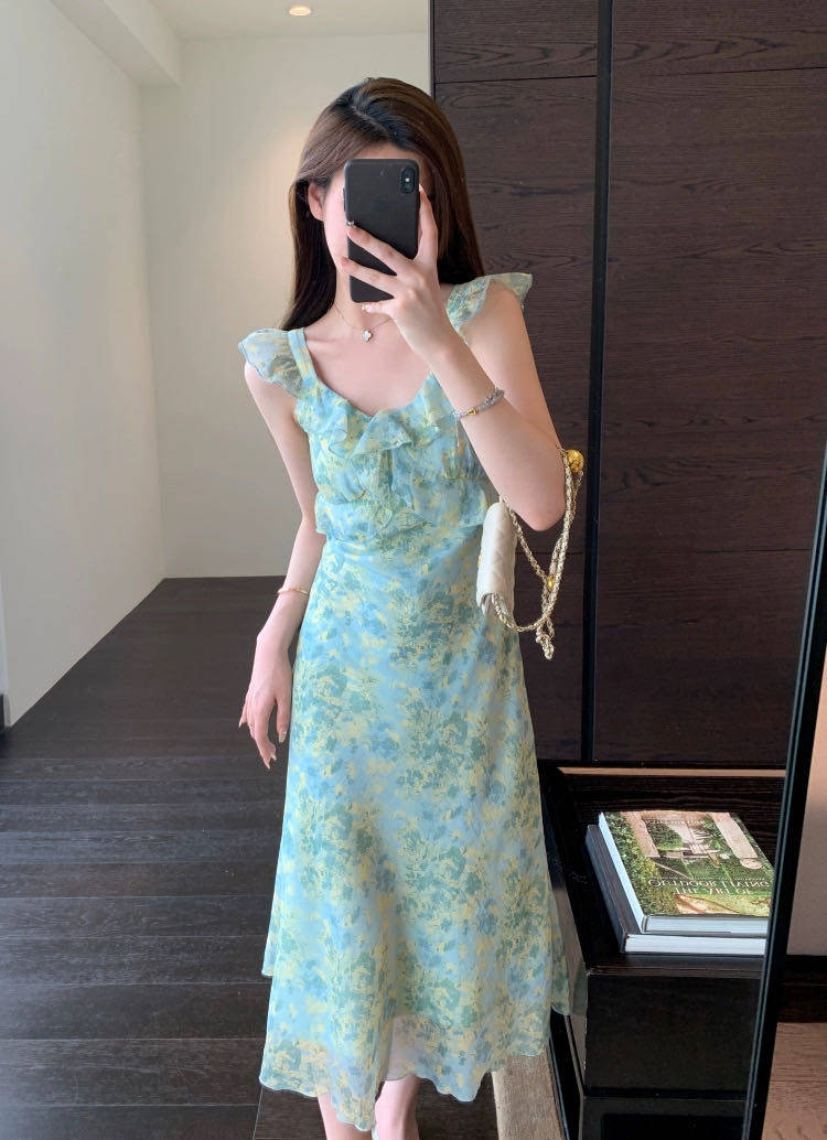 显白天丝绿印花荷叶吊带长裙连衣裙，女装连衣裙，湘姗