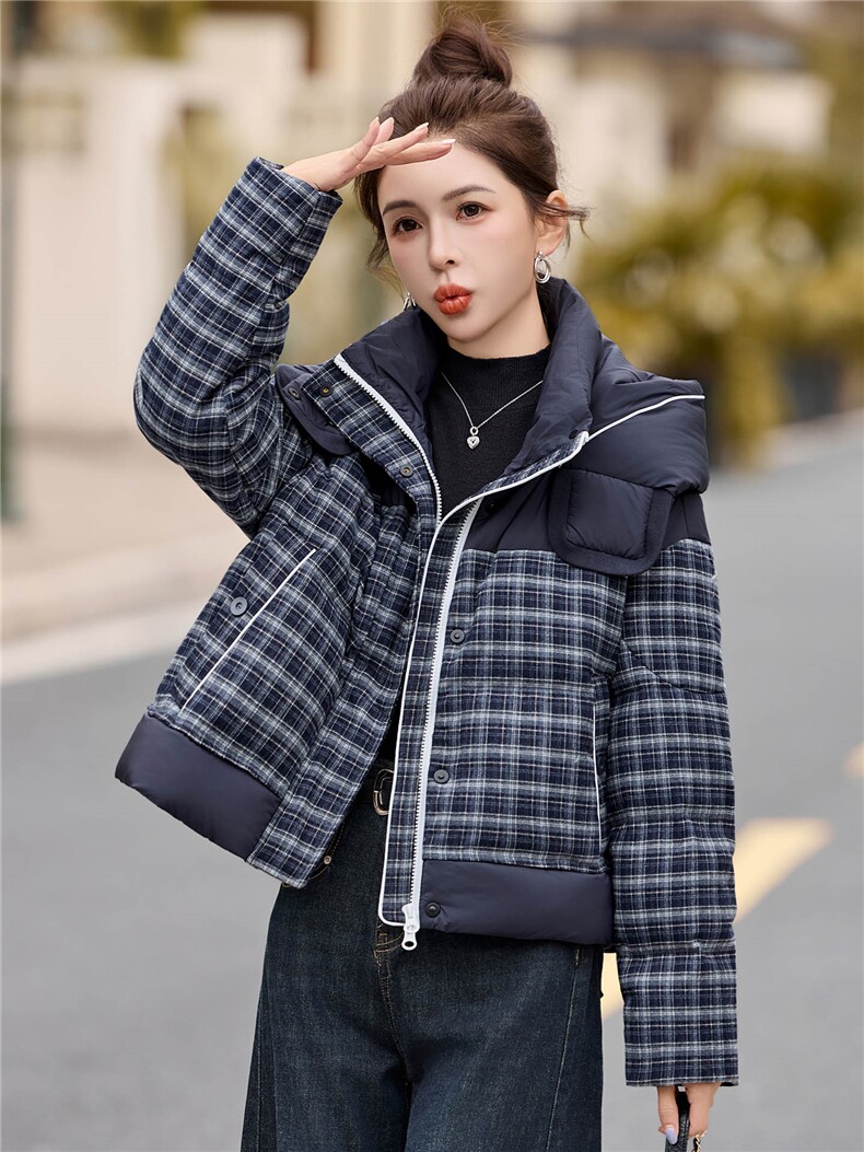 时尚格子连帽短款羽绒服女2025年冬季新款加厚保暖减龄白鸭绒外套,女装羽绒服,丽影随形