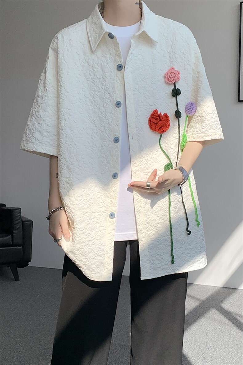 夏季法式小众肌理感衬衫短袖原创立体花朵衬衣多巴胺外套男CS531,男装衬衫,电商D206-1