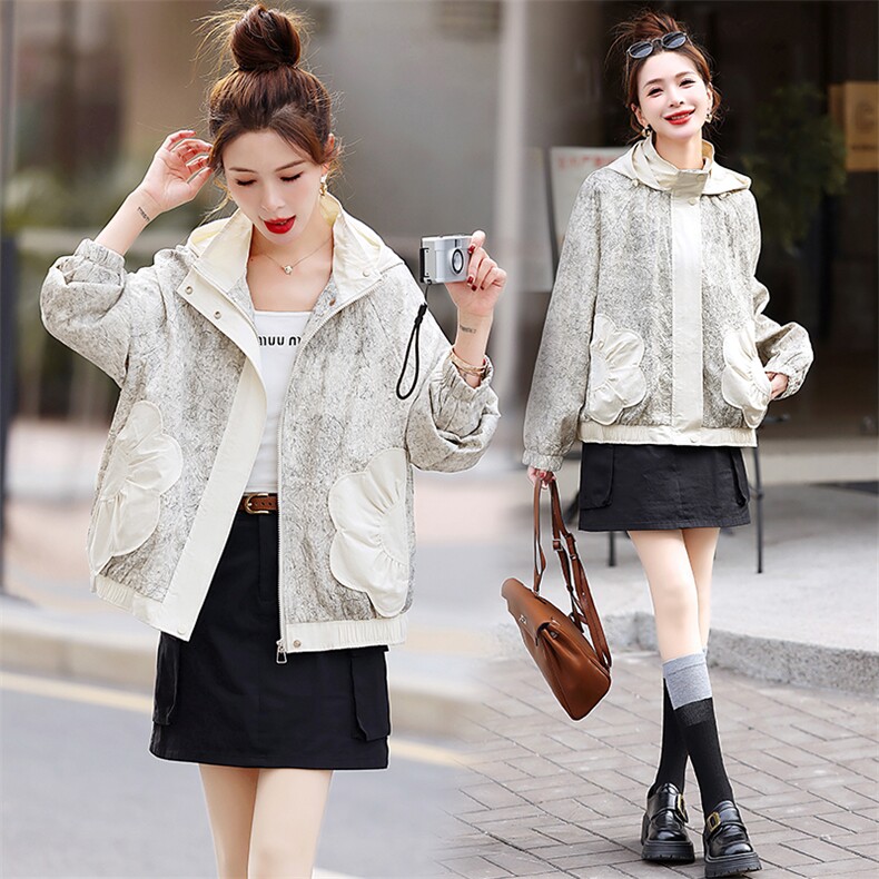 2025春季新款时髦潮流休闲气质显瘦百搭重工花色抽绳连帽短外套，女装短外套，梦芯尔