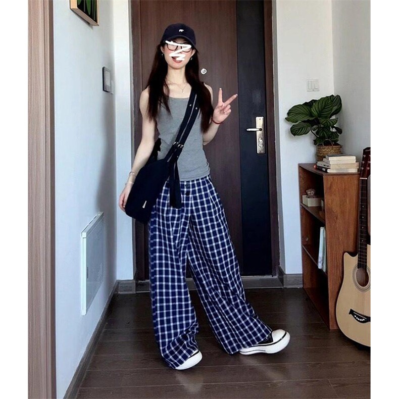美式高街潮牌男女泡泡格子休闲裤直筒宽松慵懒显瘦阔腿休闲长裤子,男装休闲裤,电商A486