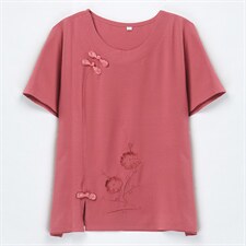 夏季刺绣短袖雪纺衫女2022年新款中年妈妈薄款小衫小个子复古上衣，女装蕾丝衫/雪纺衫，奕阳依阁