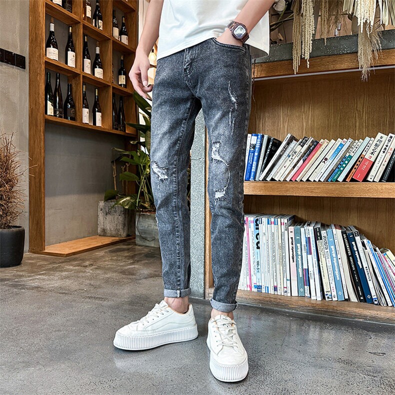 2025春季新款牛仔裤男士痞帅修身破洞牛仔长裤小脚裤901H344p58，男装牛仔裤，星座901
