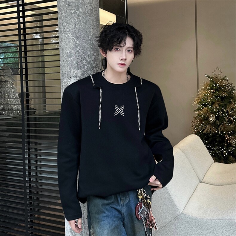 链条项链款男大时尚卫衣秋冬打底设计高街痞帅潮男打底衫长袖P55图片