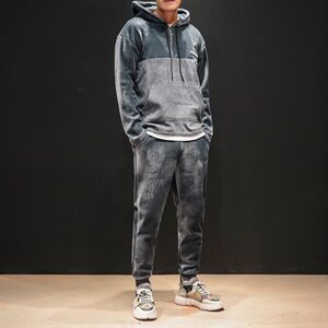 703-TZ172日系男士加绒冲锋卫衣套装金丝绒拼灯芯绒大码