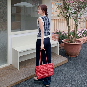 小众蕾丝拼接格纹上衣阔腿裤套装女2025夏季韩系淡人穿搭两件套潮图片