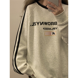中性风三杠条纹圆领卫衣字母印花设计休闲卫衣男WY77765P48控68图片