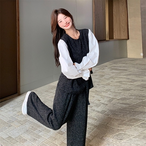 韩系小香风气质套装女2025春新款设计感拼接收腰显瘦阔腿裤两件套图片