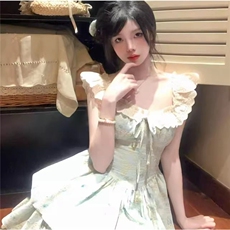 法式复古小飞袖花边拼接碎花连衣裙收腰显瘦A字蓬蓬公主裙，女装连衣裙，星座1210-1