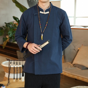 风棉麻衬衫男春夏新款厨师长袖衬衣 可定制印花团体服T93-P65图片