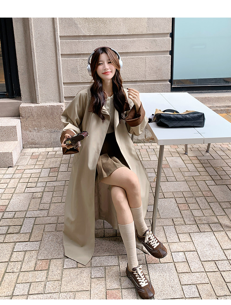 韩版英伦风大衣卡其色拼接麂皮绒长款风衣外套女秋,女装风衣,2C300
