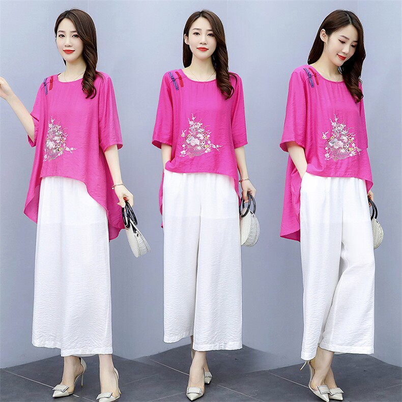 2021夏季新款简约气质圆领复古盘扣装饰时尚图案刺绣棉麻两件套，女装套装/套裙，韩宇舍