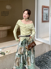 2026新款露肩上衣+花色半身裙两件套，女装套装/套裙，纯色衣恋