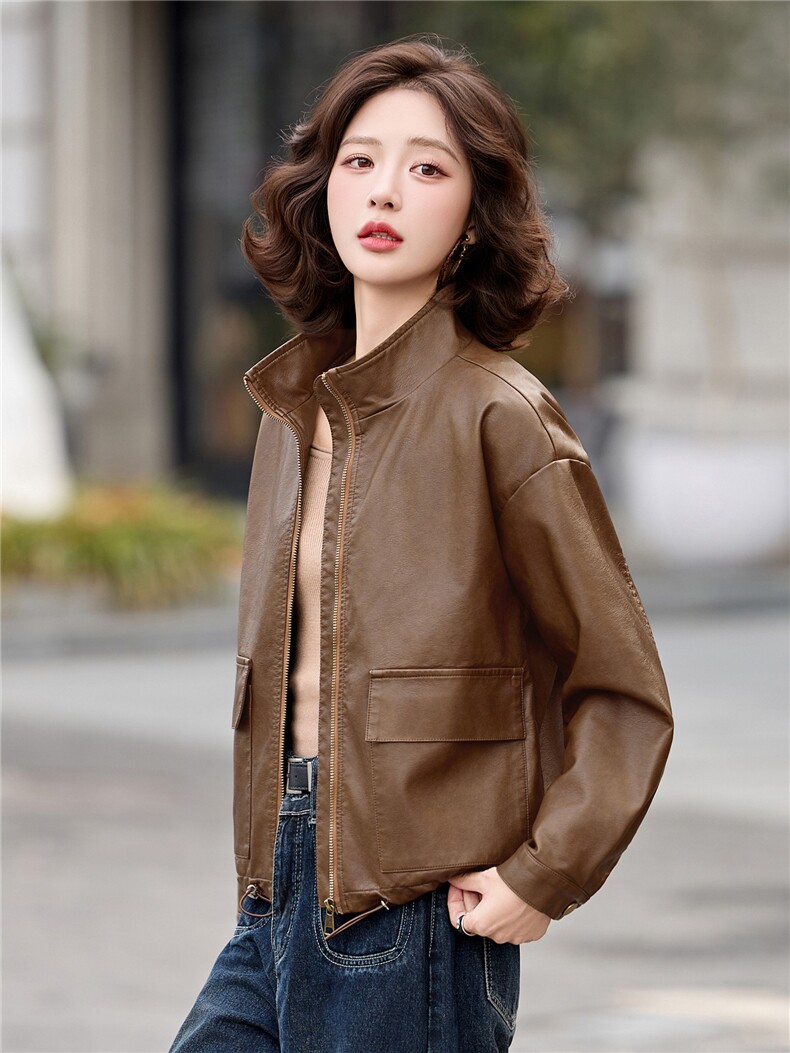 2026年春季新款现货潮流皮衣休闲外套气质时尚立领女装,女装皮衣,臻衣坊