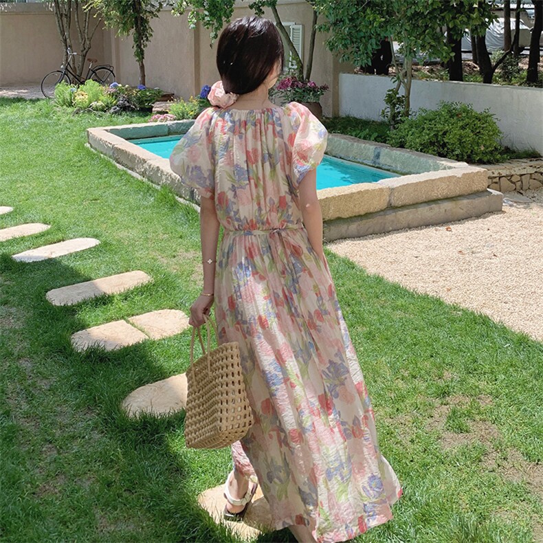时尚碎花泡泡袖连衣裙女夏季2024新款轻奢高级感复古收腰设计长裙,女装连衣裙,2C269