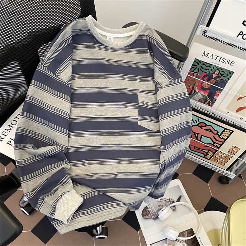 港风日系复古贴袋横条纹纯棉套头圆领卫衣男潮流设计感ZW417-P48,男装卫衣,星座313A(原308A-2)