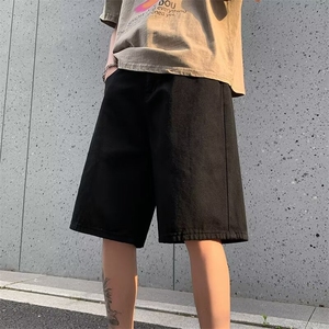 美式复古水洗牛仔短裤男夏季薄款宽松直筒阔腿裤高街潮牌五六分图片